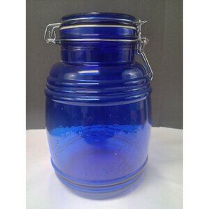 Cracker Barrel Cobalt Blue Glass 1.5qt Cannister/Jar Storage With bale wire clam